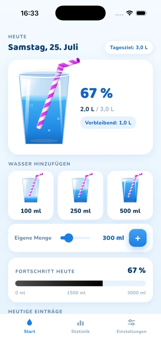 Der Bildschirm Start in der App Aquafy