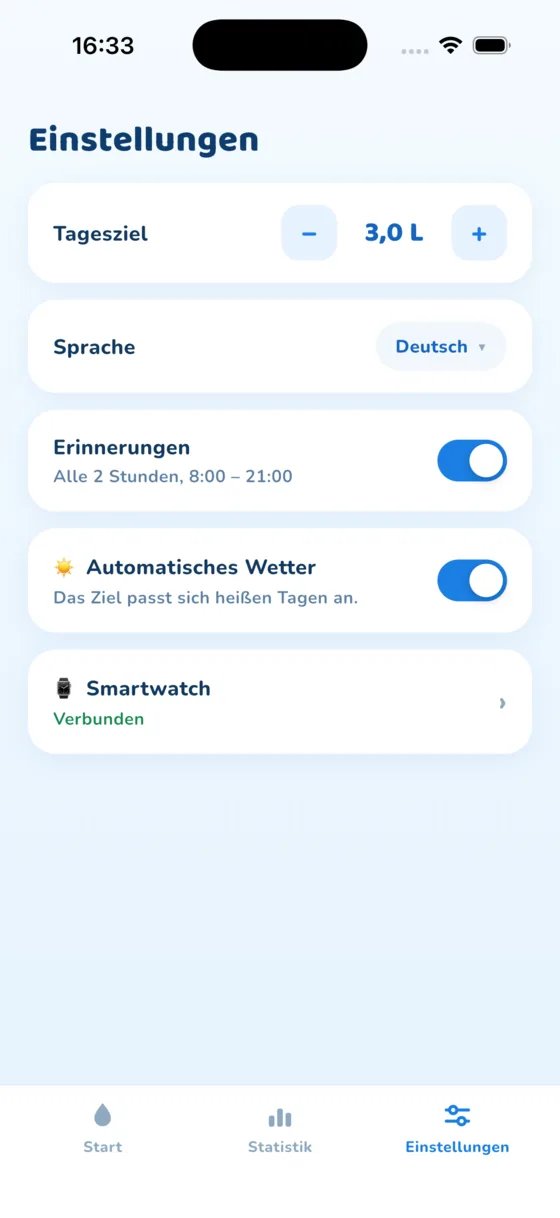 Der Bildschirm Einstellungen in der App Aquafy