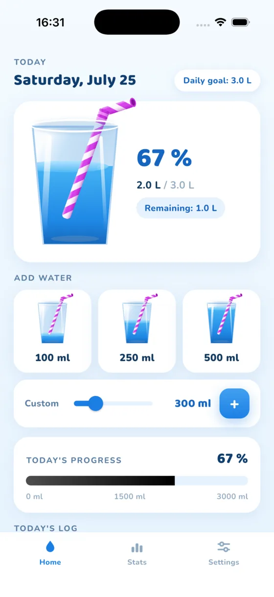 The Home screen in the Aquafy app