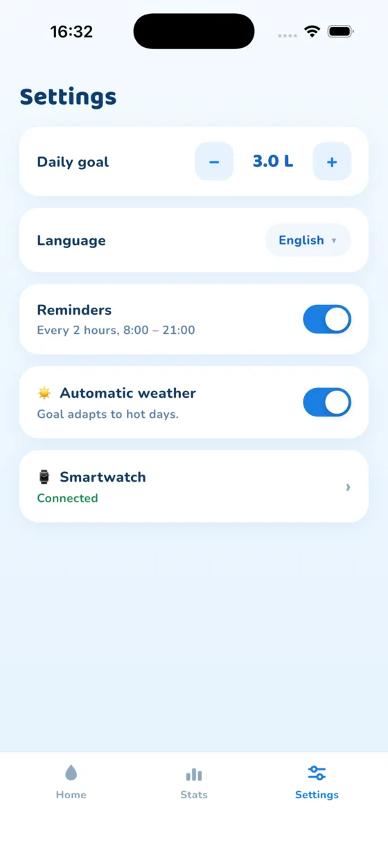 The Settings screen in the Aquafy app