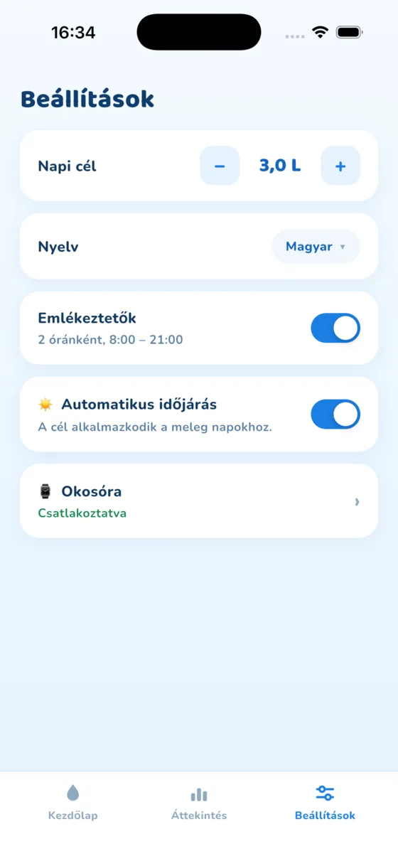 A(z) Beállítások képernyő az Aquafy alkalmazásban