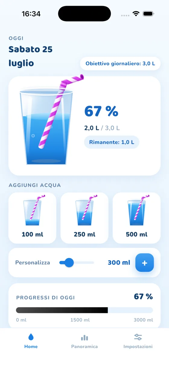 La schermata Home nell’app Aquafy