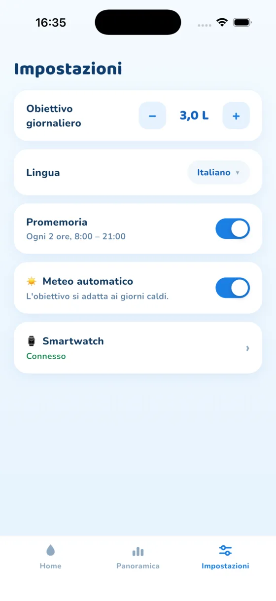 La schermata Impostazioni nell’app Aquafy